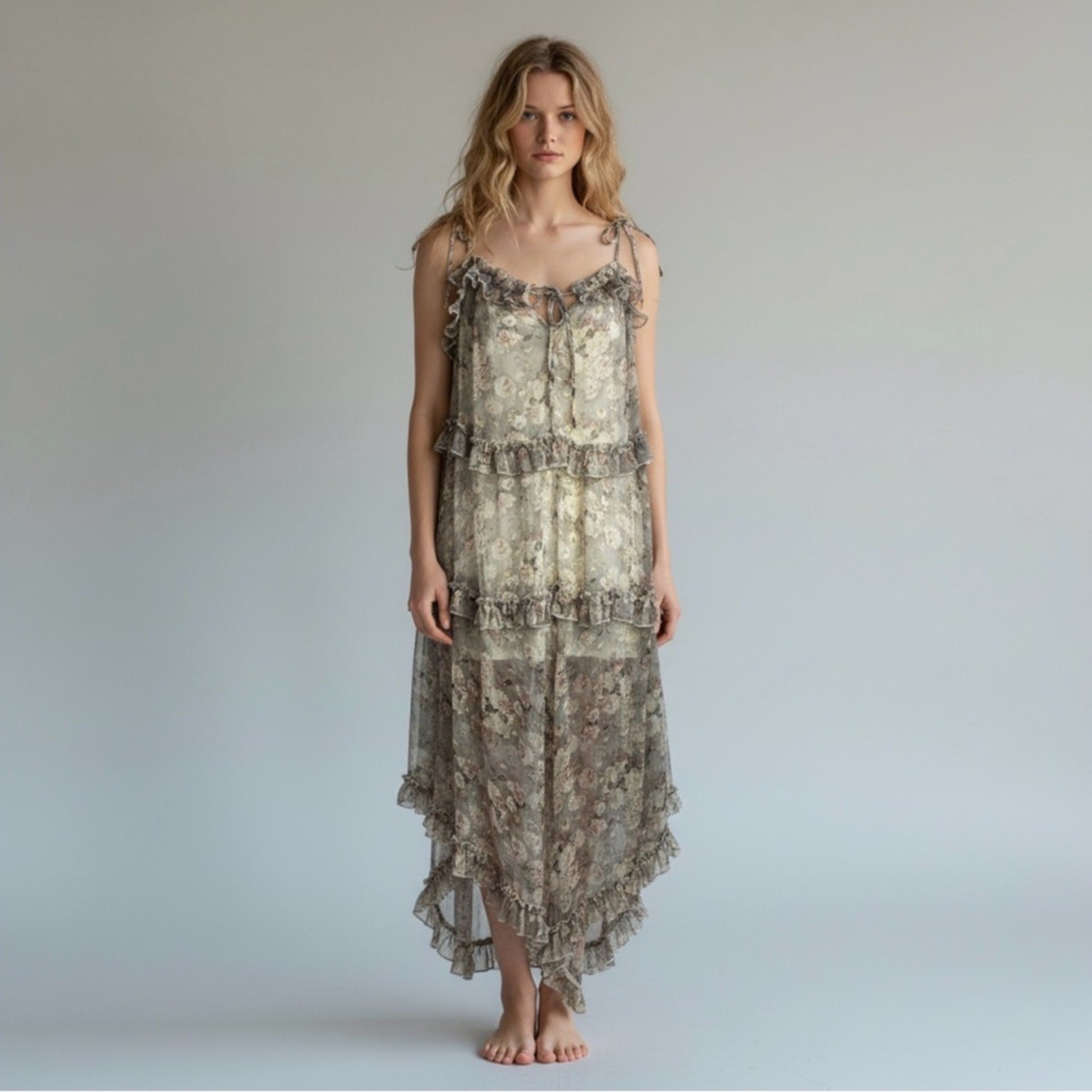 Choosy Ethereal Dainty Tiered Asymmetrical Ruffle Midi Dress Muted Floral Size 4