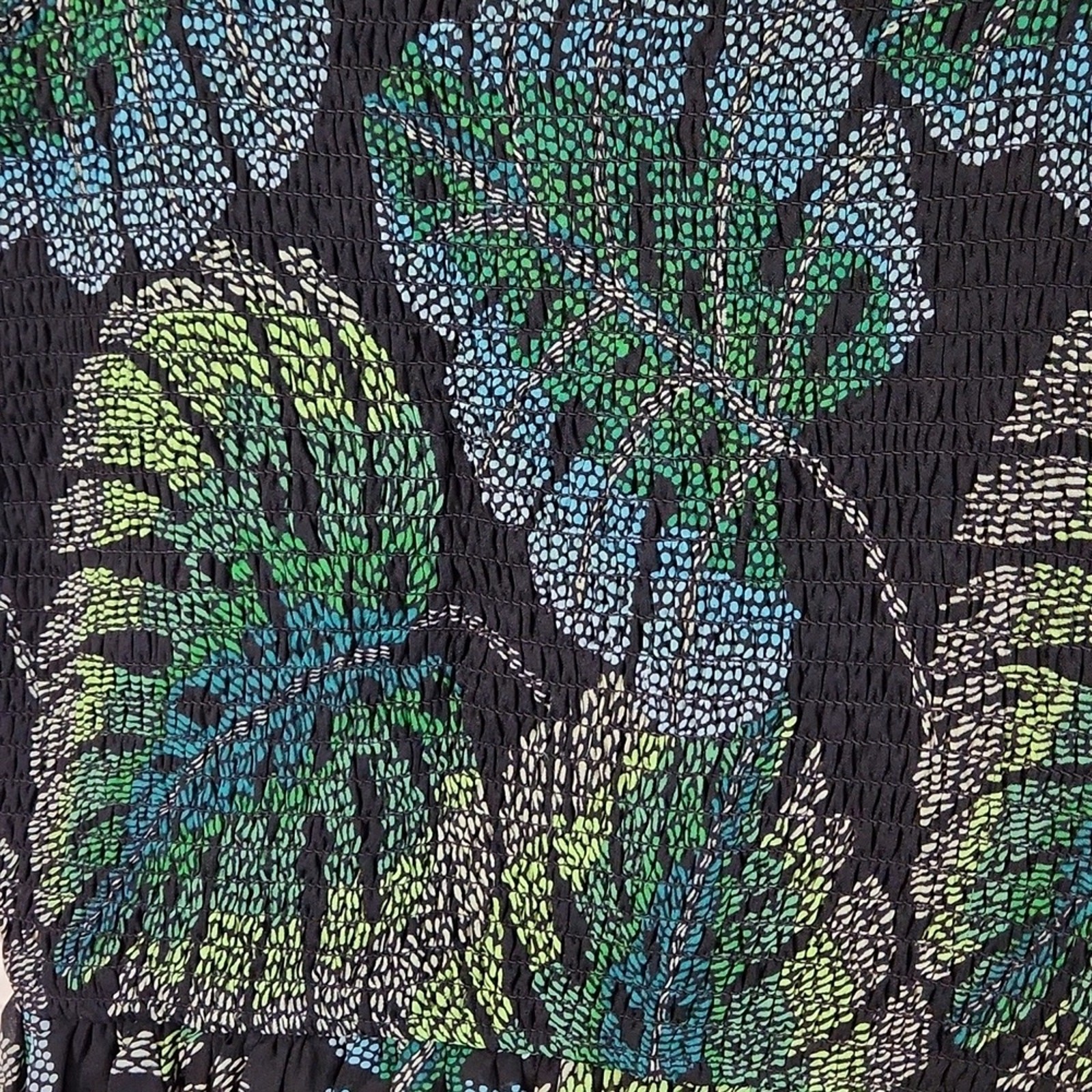 Black Multi-Colored Leaf Design Dress Size 6 Smocked Sheer Overlay Vacation NWT
