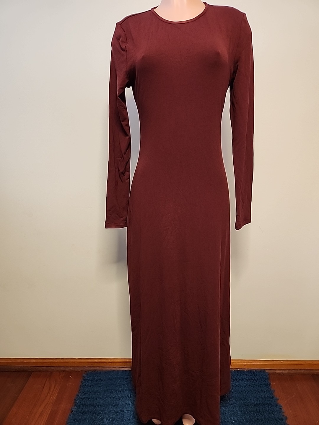 Nwt Commense Burgundy Maxi Dress Long Sleeve Stretch Jersey Size Large