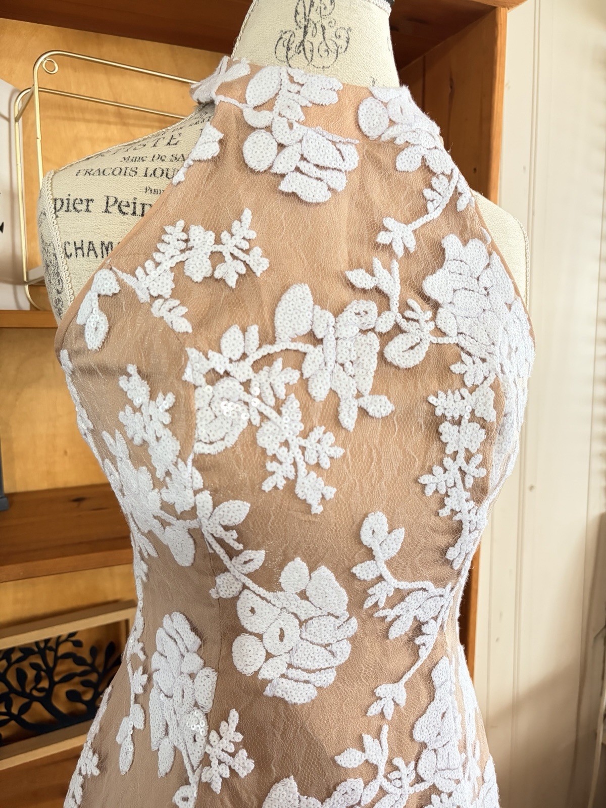 Dress the Population Floral Sequin Lace Illusion Halter Mini Dress Size S Bride