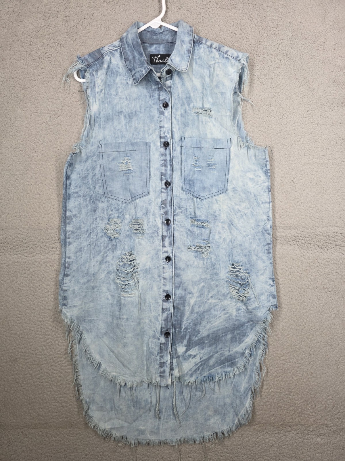Chambray Denim Shirtdress 2XL Raw Hem Distressed Ripped Cutoff Sleeves Short
