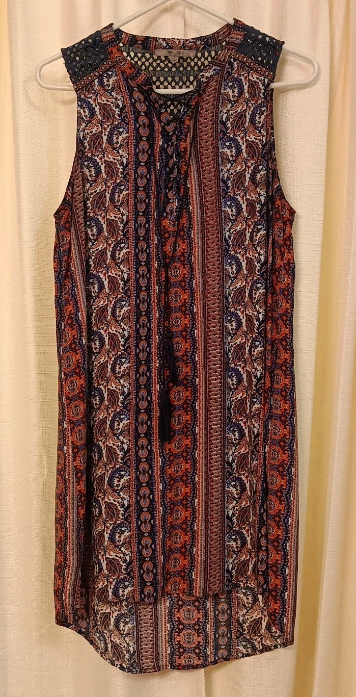 Miss Me Women’s Blue/Orange Boho Style Tie Front Dress Size S