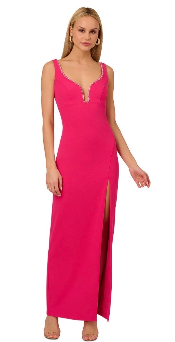 Adrianna Papell Fuschia Rhinestone Sweetheart-Neck Sleeveless Gown. Size 2.