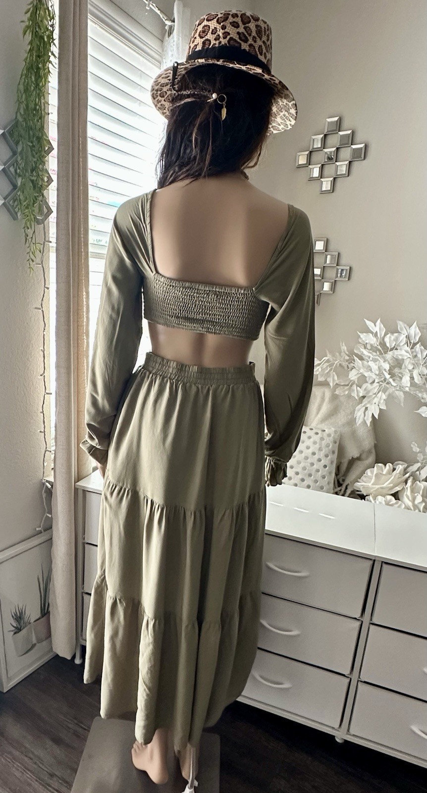 Merokeety Women’s Long Dress Sage Green, Smocked, Size S
