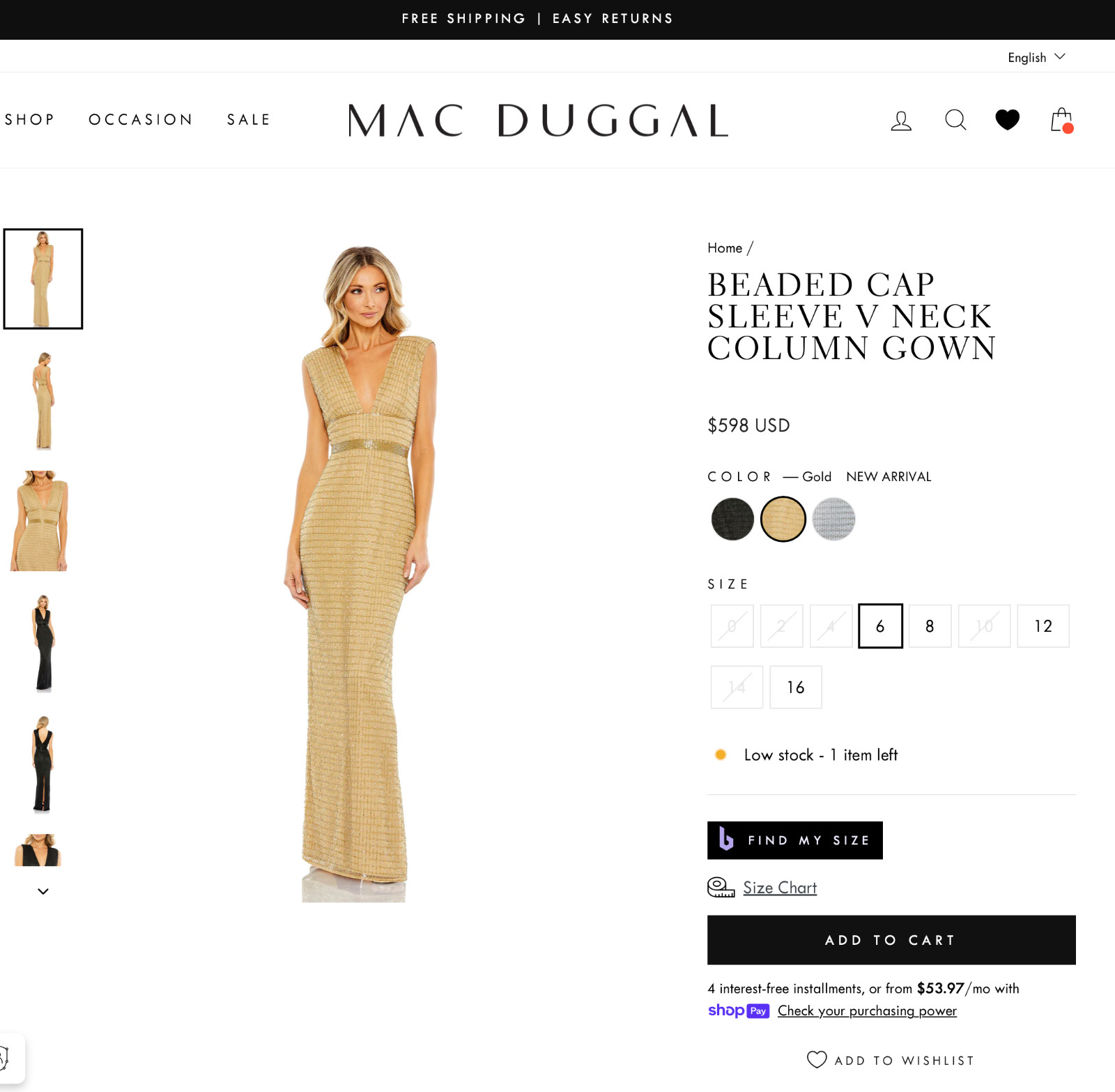 NWT $598 Mac Duggal [ 8 ] 5625 Beaded Cap Sleeve V Neck Column Gown Gold #G1605