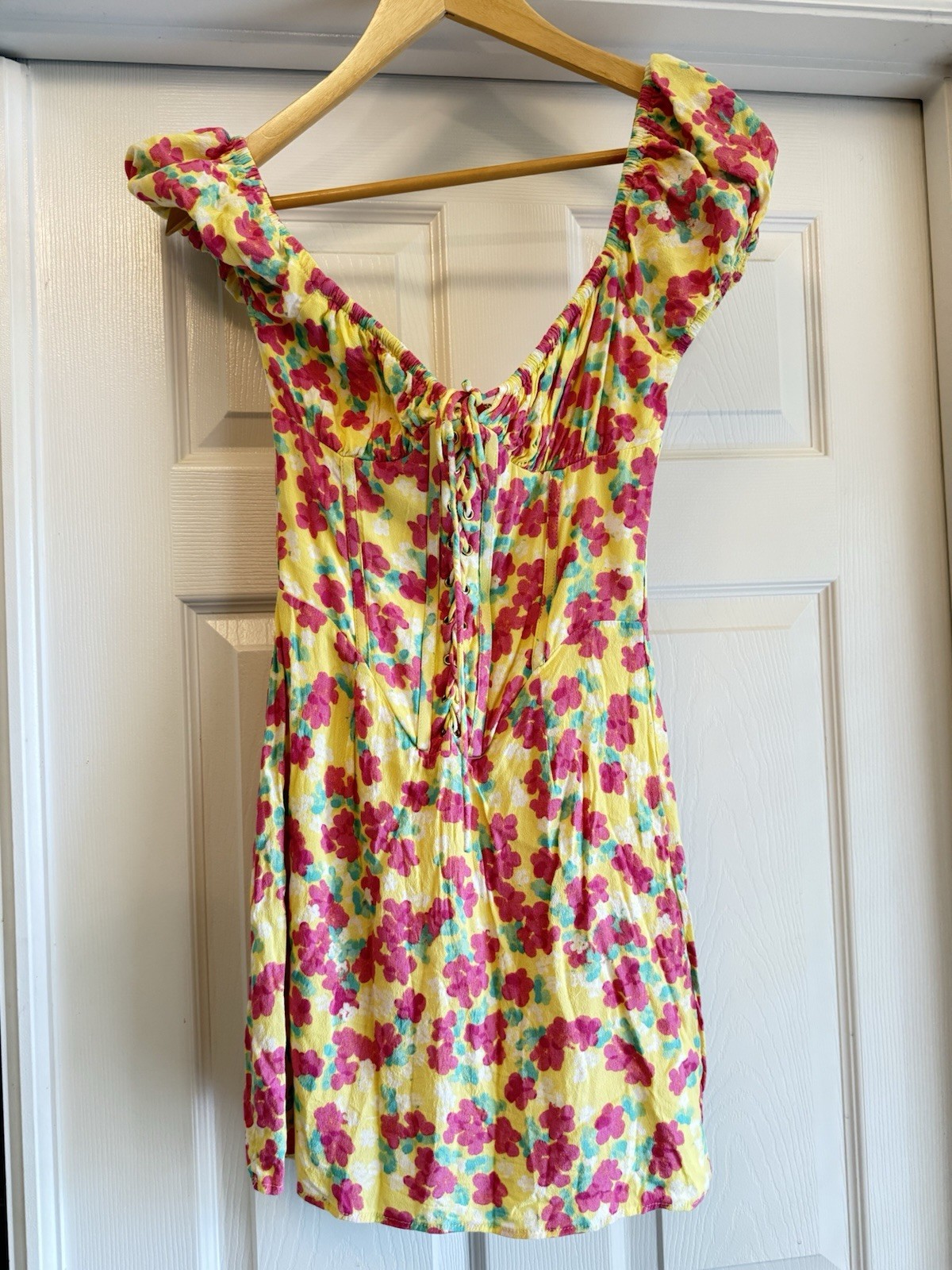 Sabo Mini Dress Womens XS Yellow Floral Corset Lace Up Cap Sleeve USA 2