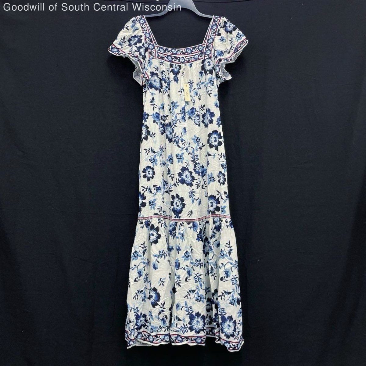 NWT Wmns MAX STUDIO White & Blue Floral Short Sleeve Tiered Boho Maxi Dress Sz L