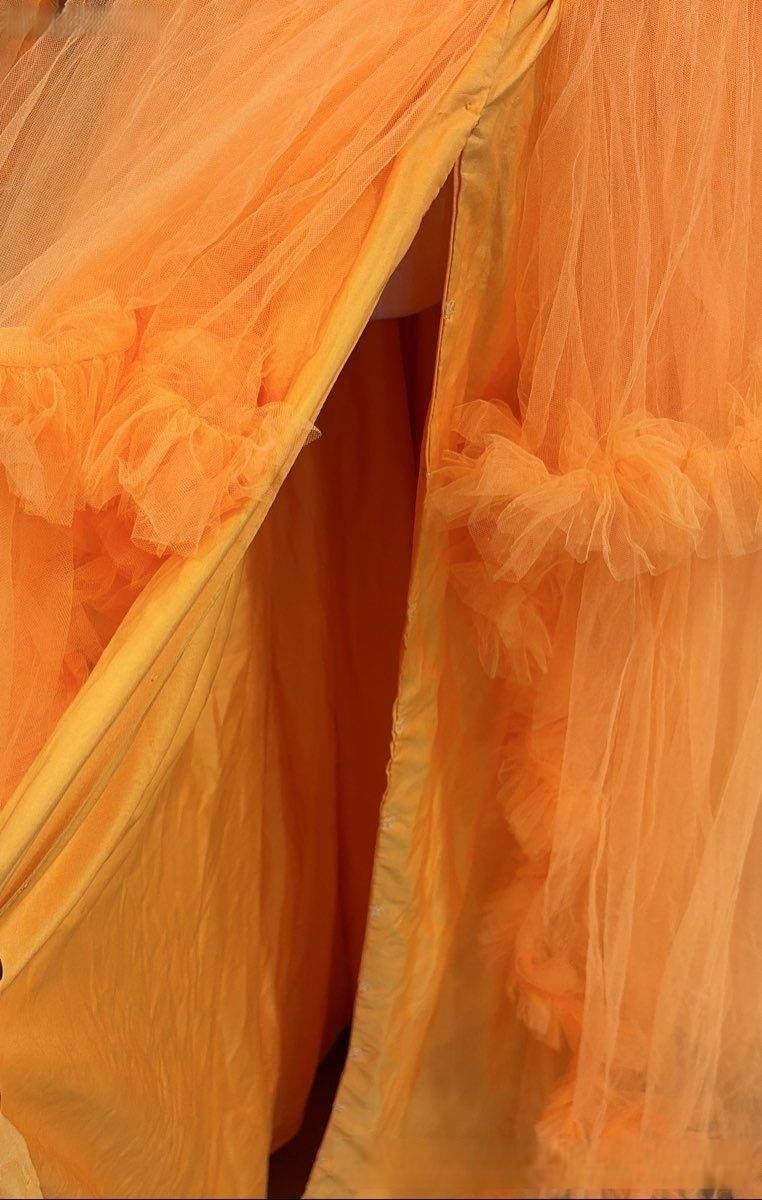 Oyemwen Orange Tulle Ruffle Tiered Gown Sheer Long Sleeve Smocked Maxi Dress NWT