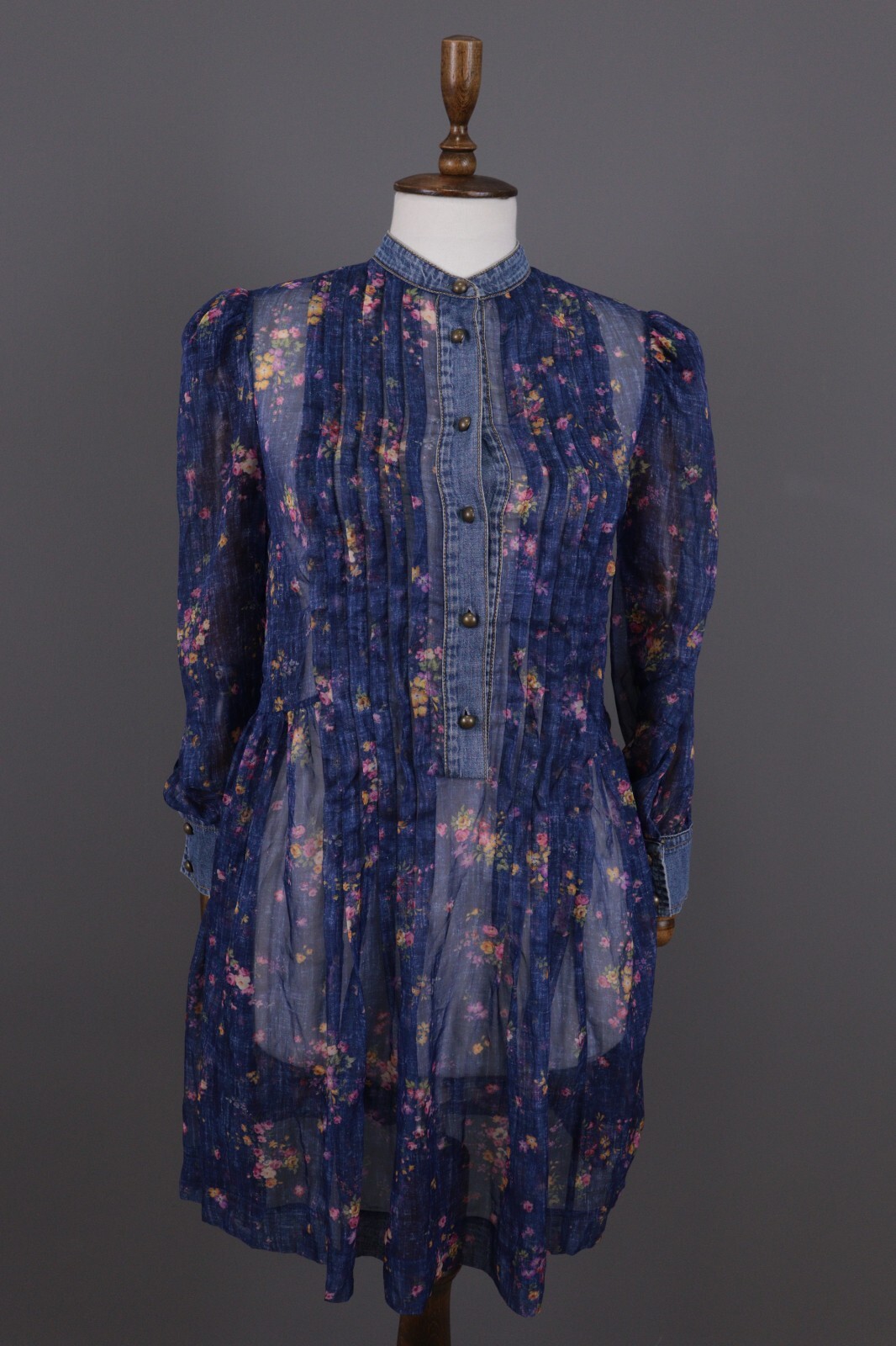 PHILOSOPHY Di Lorenzo Serafini Blue Floral Mesh Ruffle Long Sleeve A-Line Dress