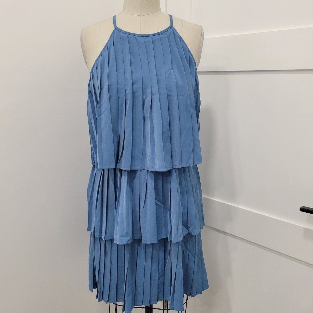 Halter Neckline Pleated Tiered Flowy Sleeveless Mini Dress Size M