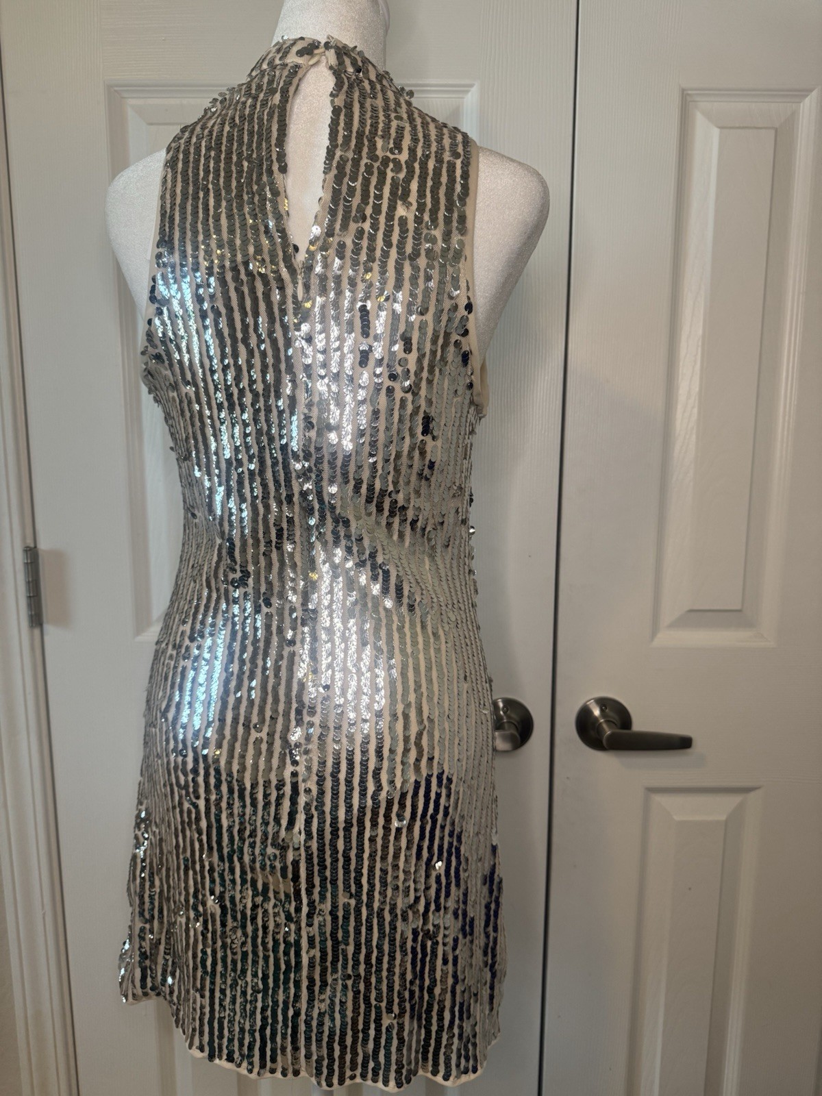 Mademli Boutique Silver Sequin Solid High Neck keyhole Back Bodycon Mini Dress S