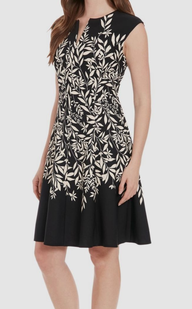 London Times Women’s Black White Floral Split-Neck Sleeveless Dress Size 8