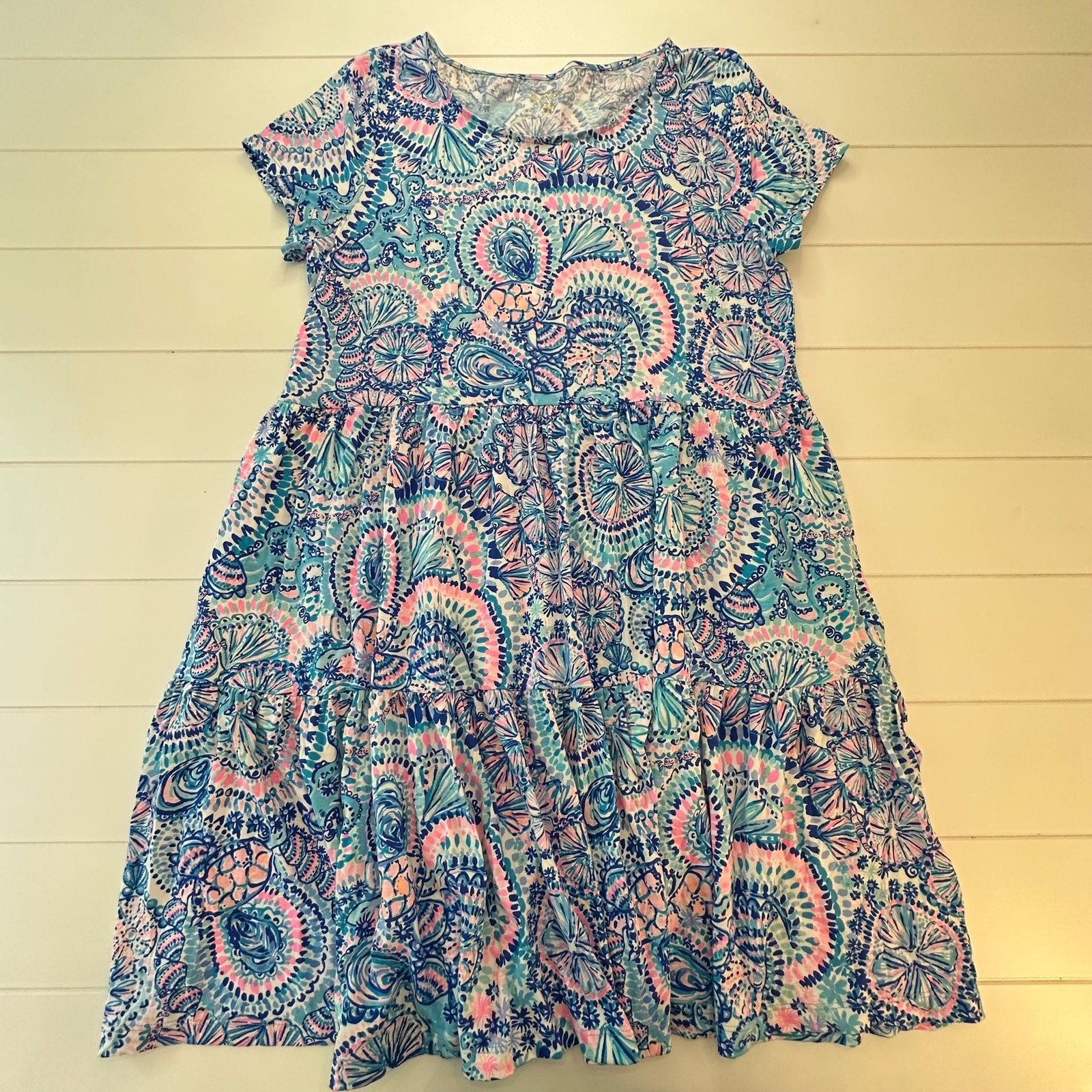 Lilly Pulitzer Women’s Geanna Tiered Short Sleeve Dress Blue Ocean Print XL