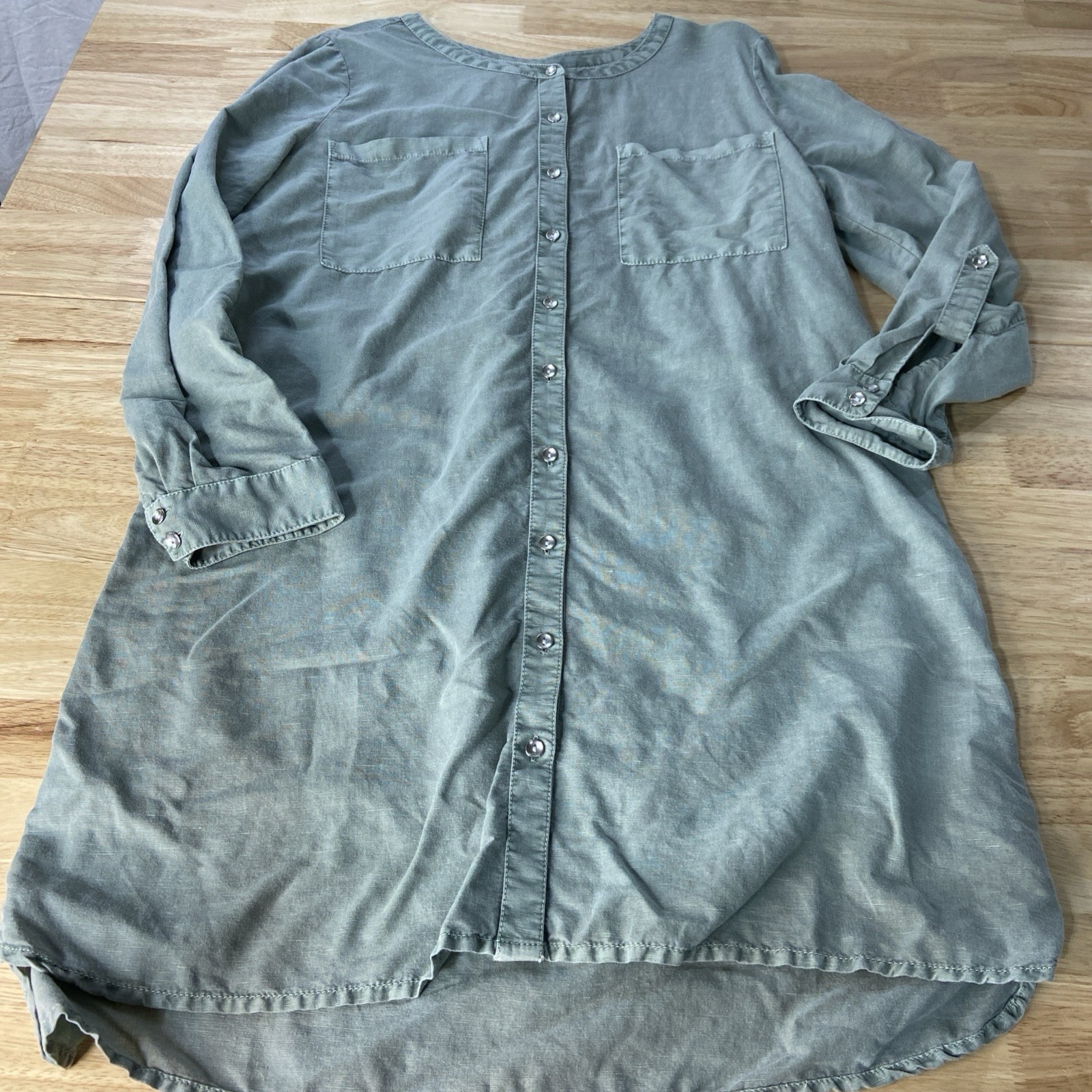 Caslon Green Button Down Long Roll Up Tab Sleeves Midi Linen Cotton Dress XL