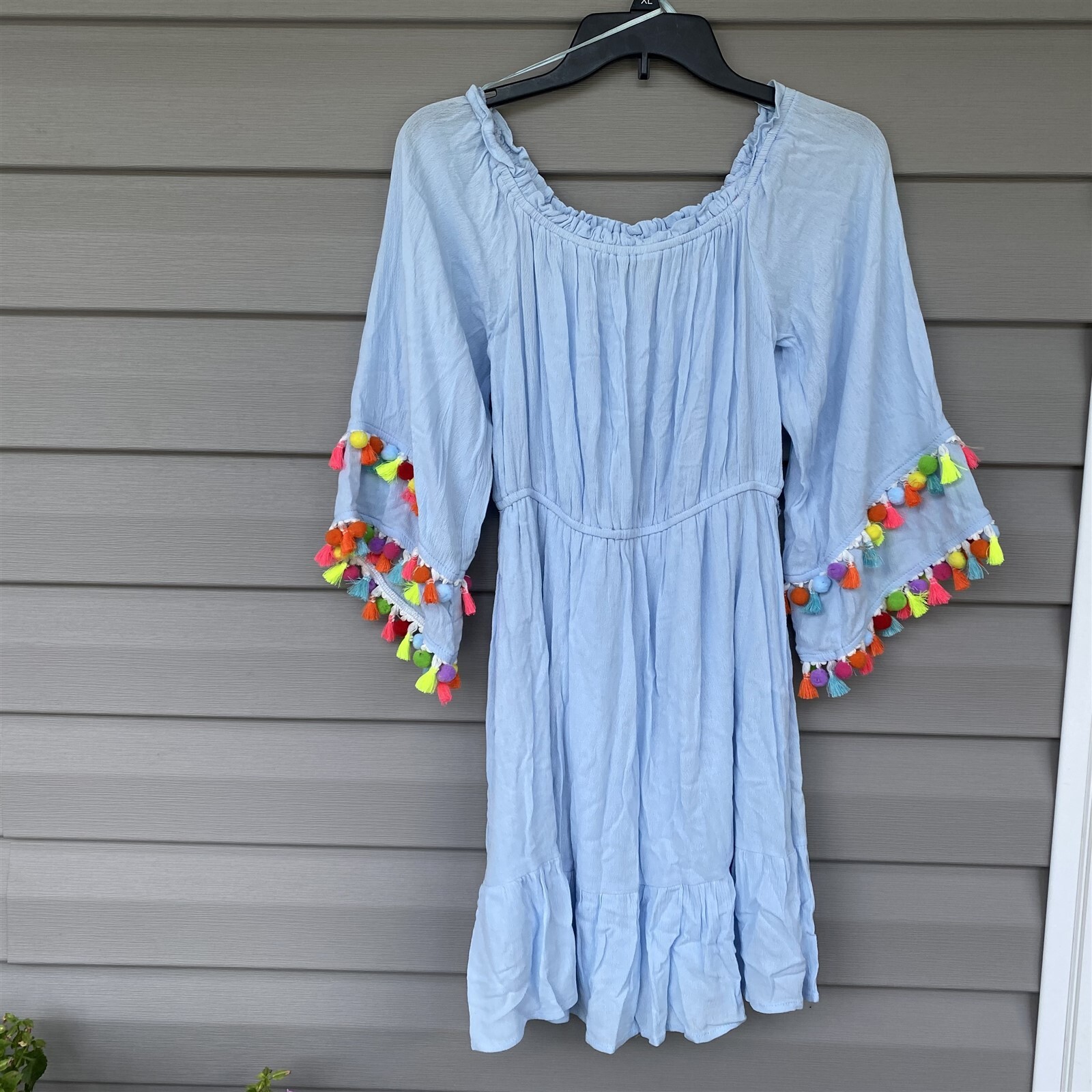 Entro Mini Dress Pom Pom Trim Ruffle Boho Festival Medium Babydoll Western