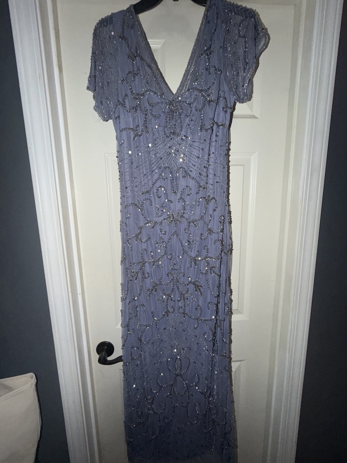 Pisarro Nights Blue Mesh Maxi Dress, Beaded Sequin Floral V-Neck Formal 14