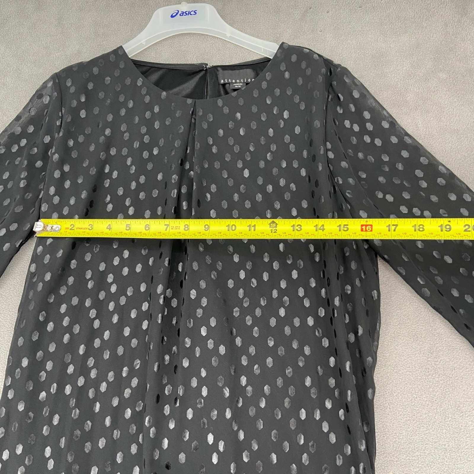 Attention Womens Black Polka Dot Shift Dress 3/4 Sleeve Pleated Front Sz Medium