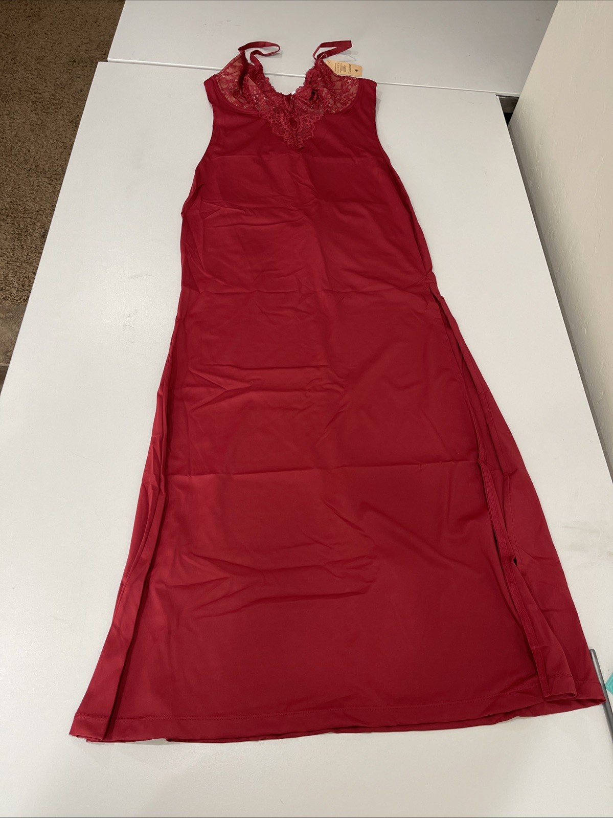 Popilush Shapewear Lace V Neck Side Slit Slimming Maxi Slip Dress Red M