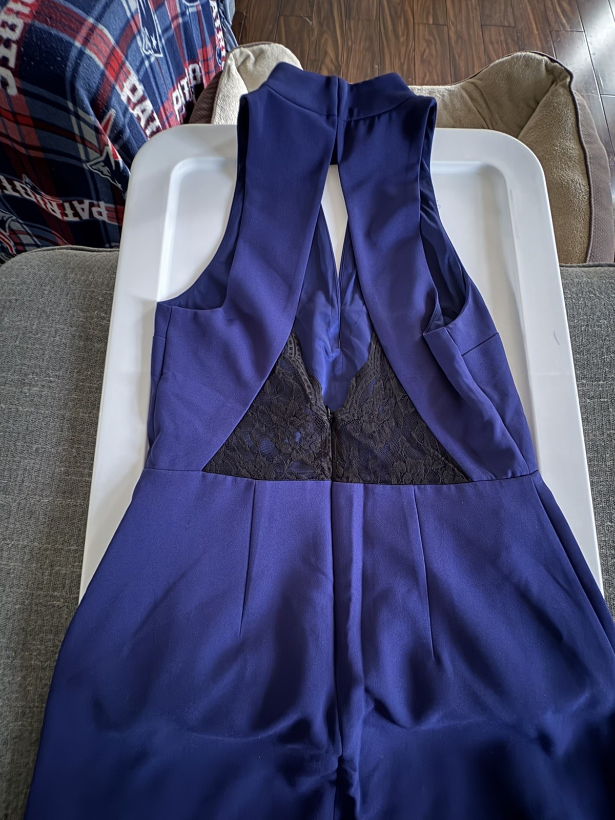 Express High Neck Blue Black V-Neck Lined Sleeveless Dress Lace Back Cutout 8