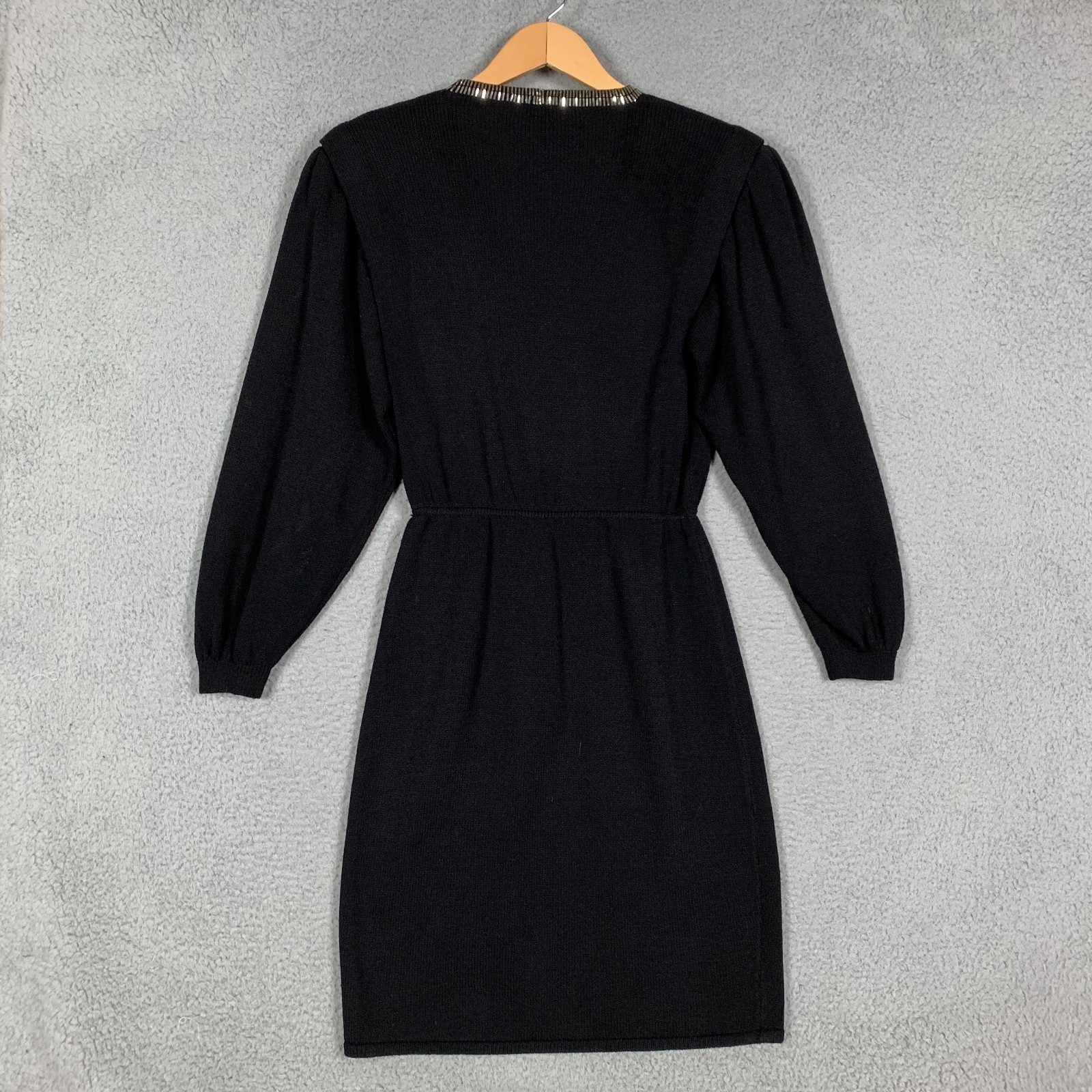 St. John Paillettes Shimmer Dress 4 Santana Knit Sheath Midi Black Vintage 80s