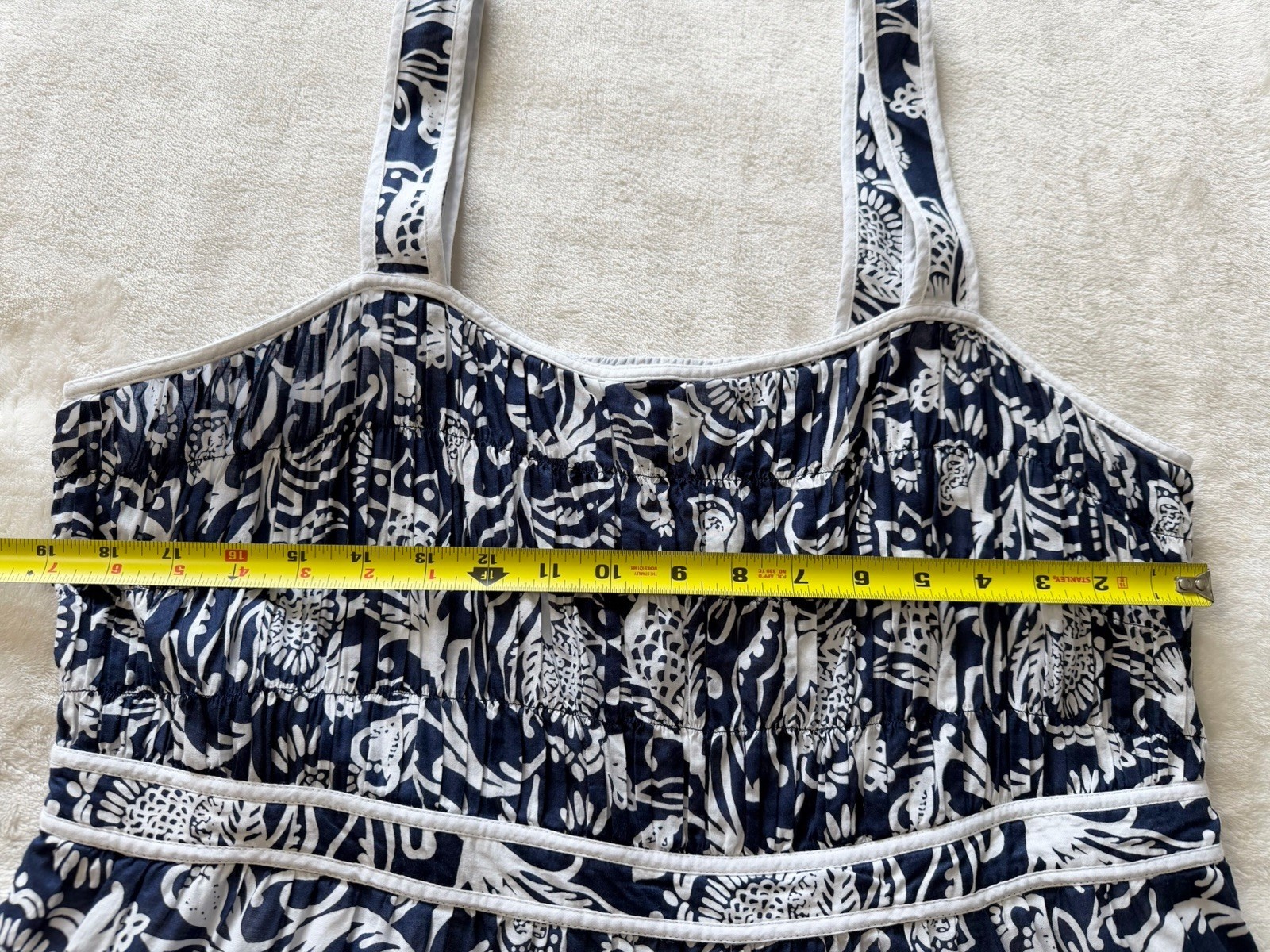 Talbots Size 16 Tiered Fit & Flare Dress Distressed Jacobean Navy White