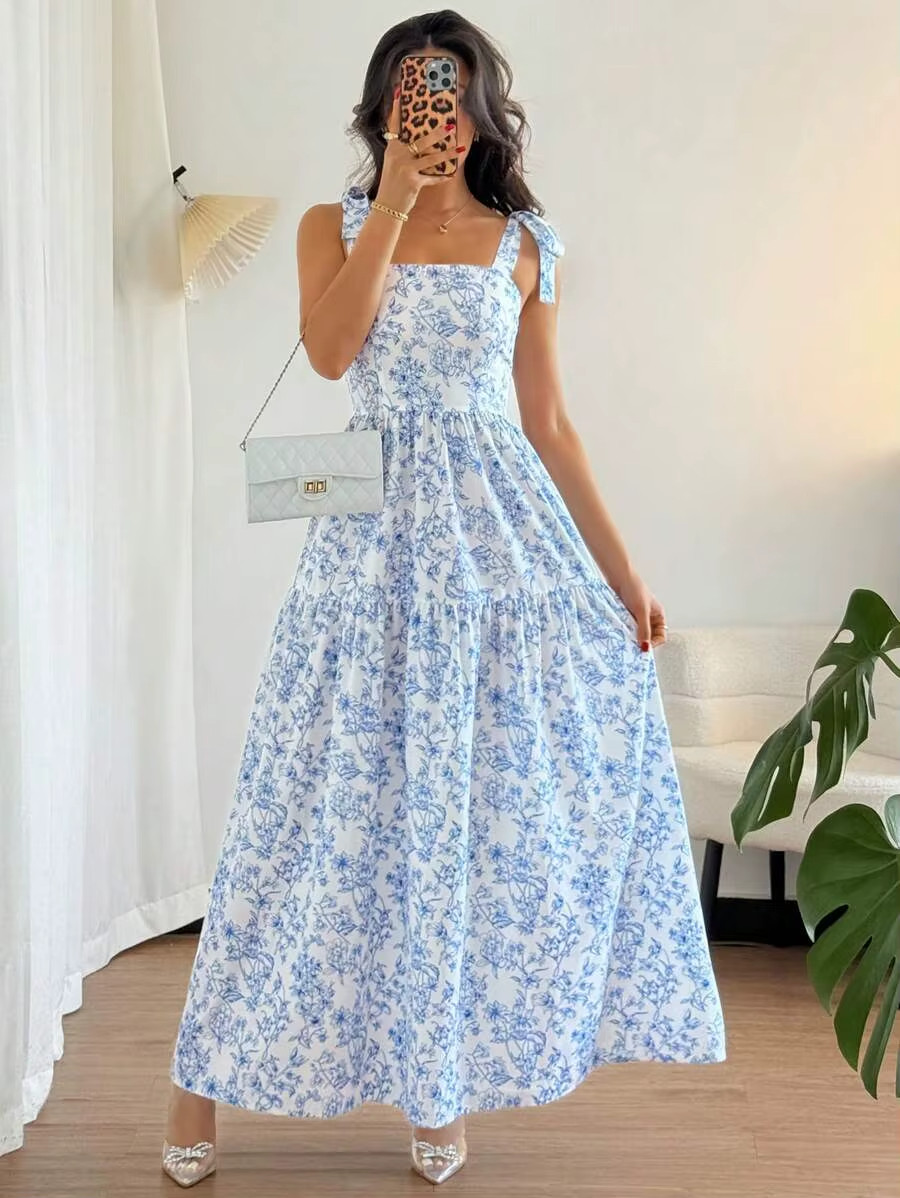 Women’s Floral Pleated Maxi Dress Sleeveless V-Neck Ruffle Summer Blue Dress