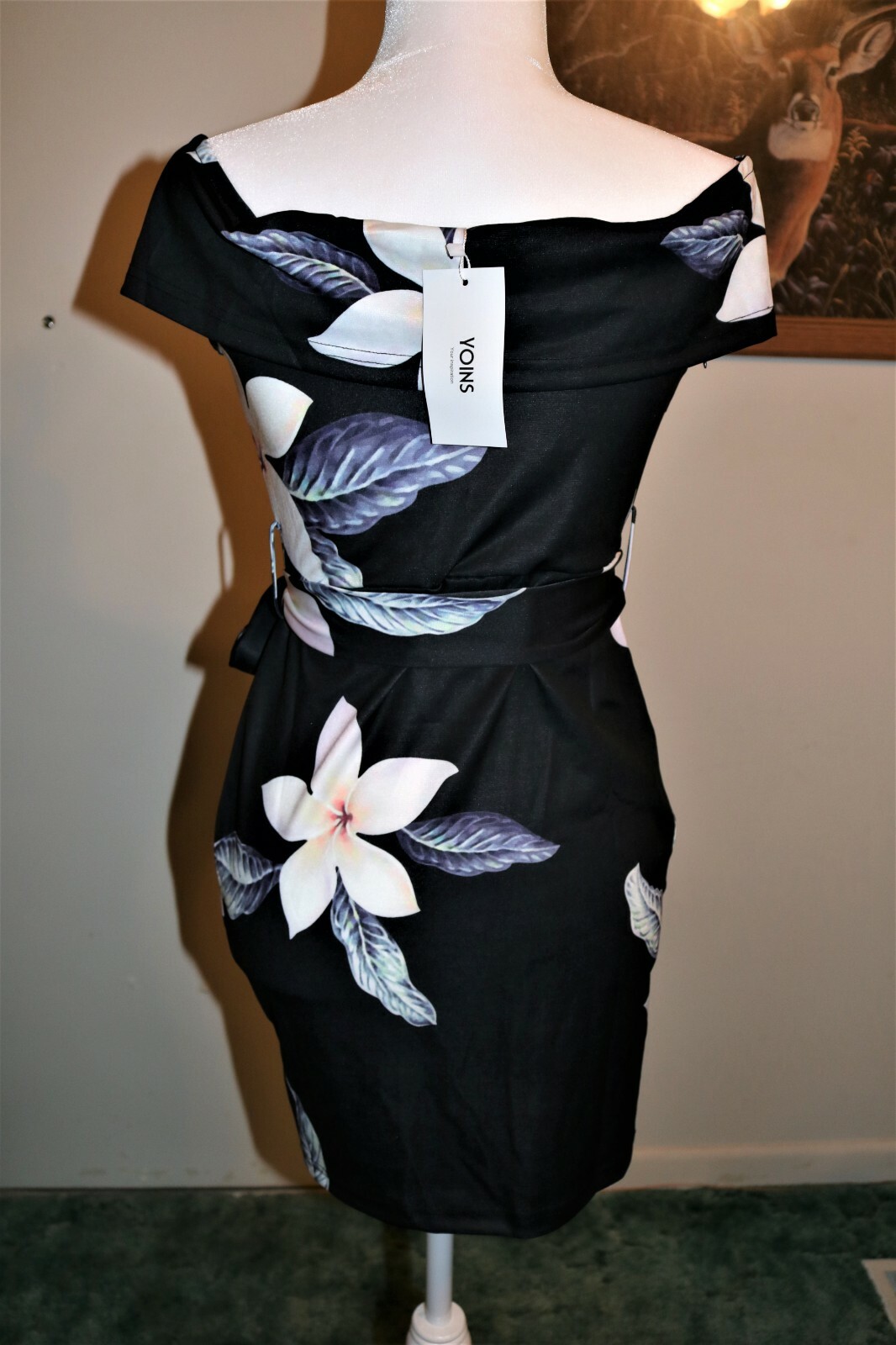 YOINS Black Random Floral Print Off The Shoulder Overlay Bodycon Dress Small 