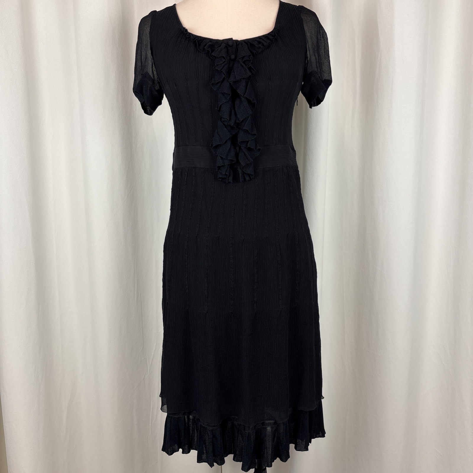 Cacharel Black 100% Silk Semi Sheer Short Sleeve Dress Whimsigoth US 6 EU 36