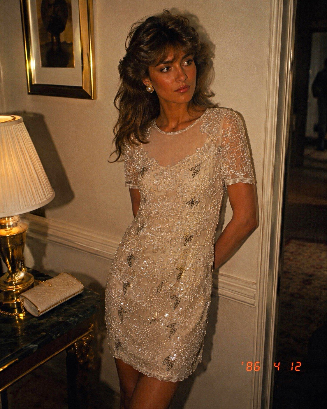Joan Leslie Evenings 8 Ivory Beaded Sequin Mesh Silk Sheath Dress Knee