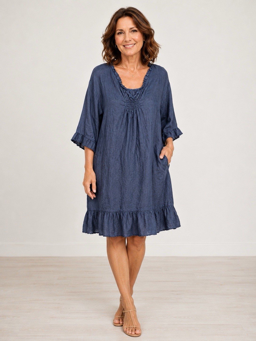 Italian Blue 100% Linen Midi Dress Tiered Pullover Size OS TG. U Lagenlook