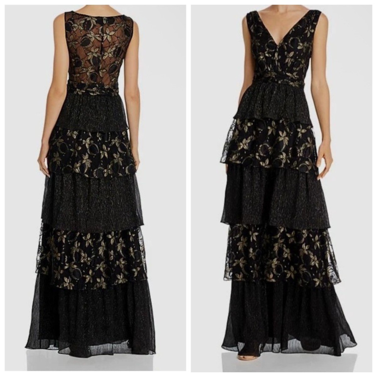 Black V-neck Ball Gown Layered Decal Lace Sleeveless Sheer Prom Evening Dress