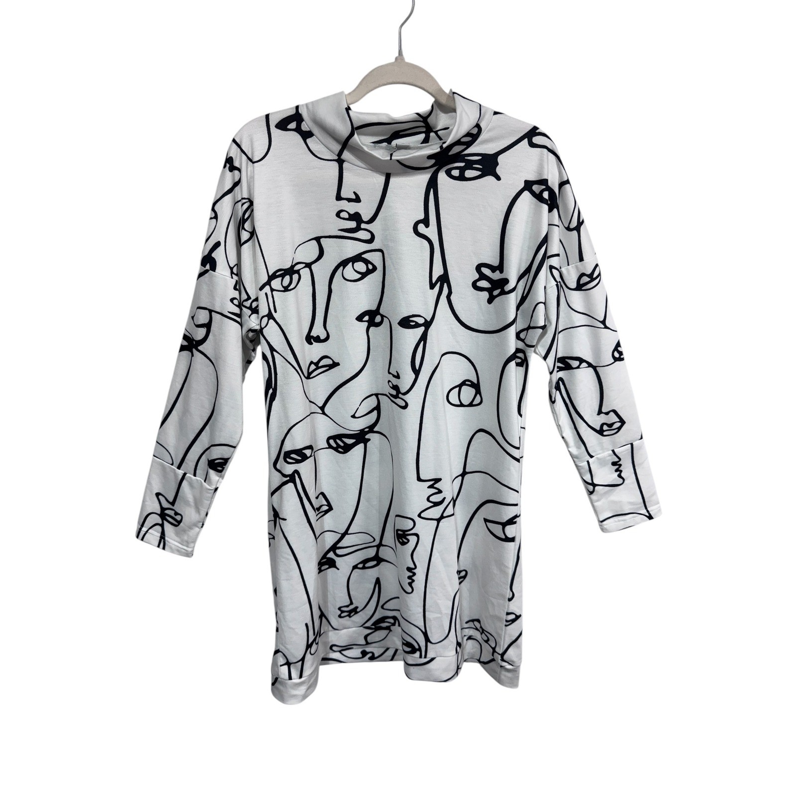 Abstract Faces A-Line Black/White Retro Dress Medium Tunic Art Line Graphic