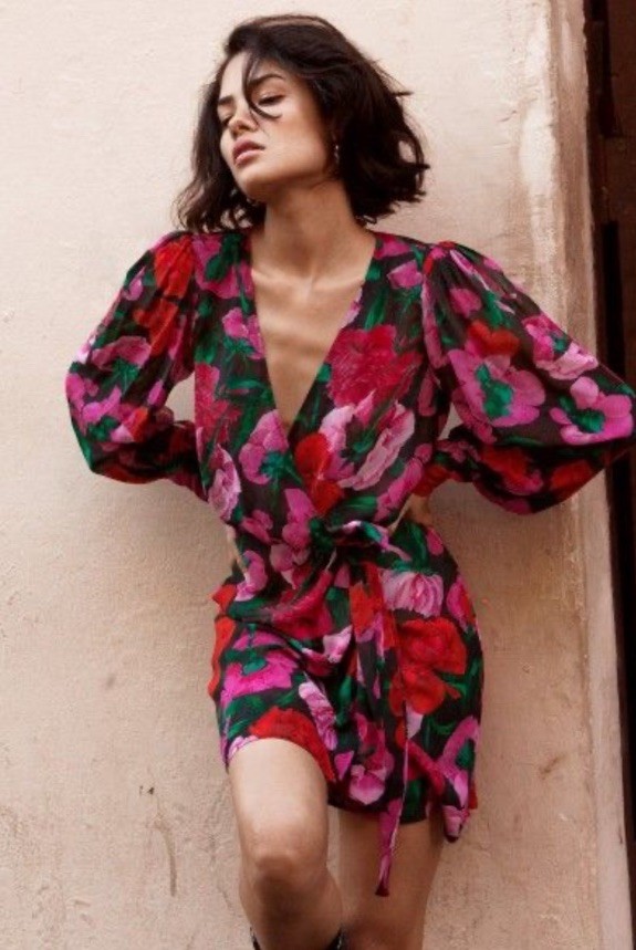 The Kooples Dolce Vita Dress 2 Black Red Pink Floral A Line V Neck