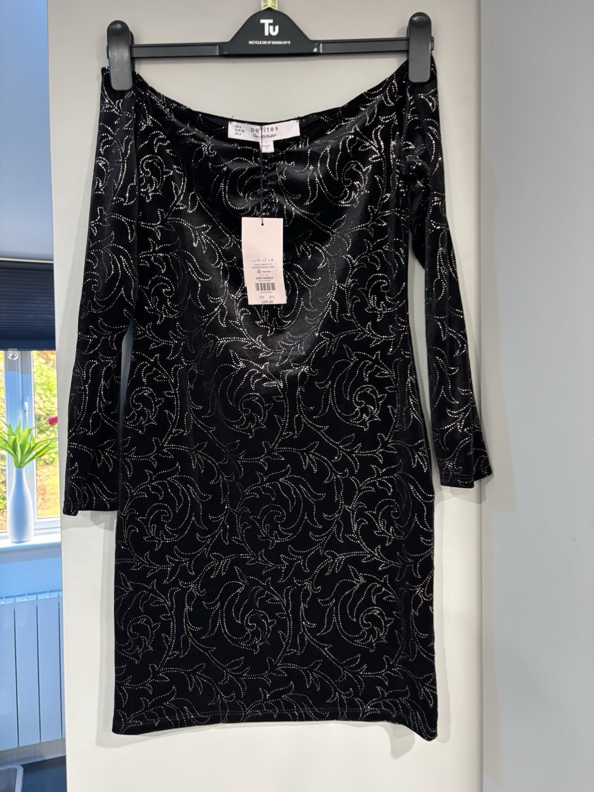 Miss Selfridge Petites Glittery Patterned Black Off Shoulder Velvet Dress XS