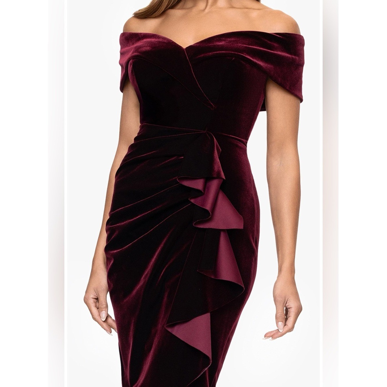Xscape NEW Ruched Ruffle Off the Shoulder Velvet Cocktail Dress Burgundy