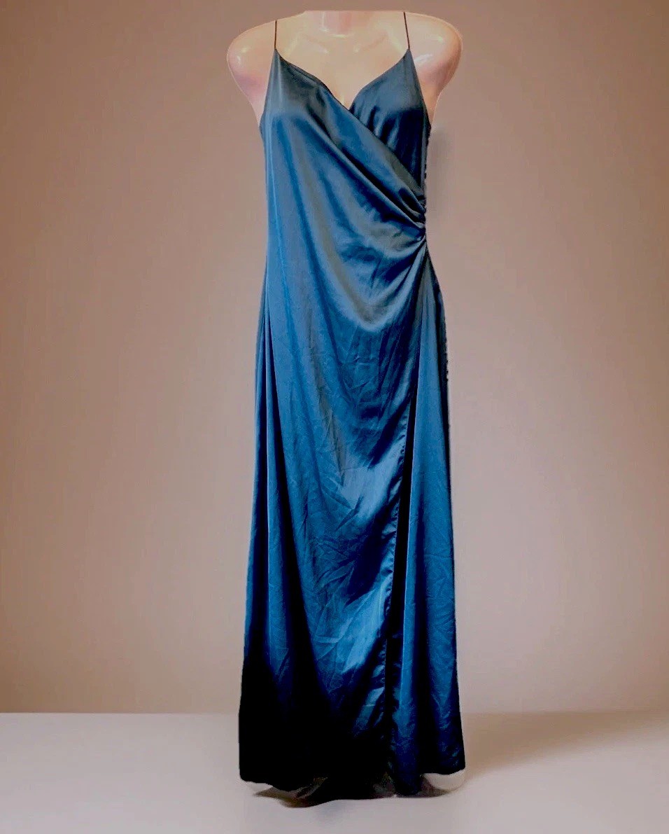 Ladies Teal Slip Maxi Dress Wrap Over Strappy Plunge Sateen Size 12 Ex Cond