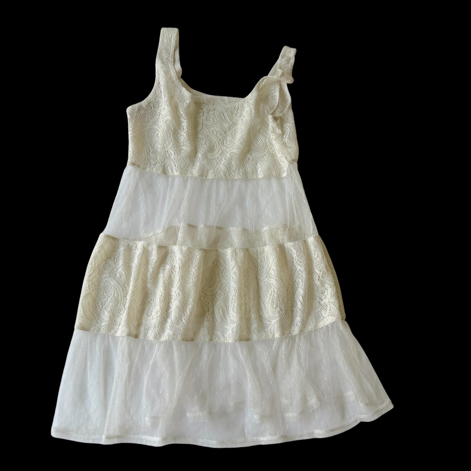 Coquette Girl Boho Cream Lace Mesh Tiered Mini Dress Sleeveless Sheer Cream