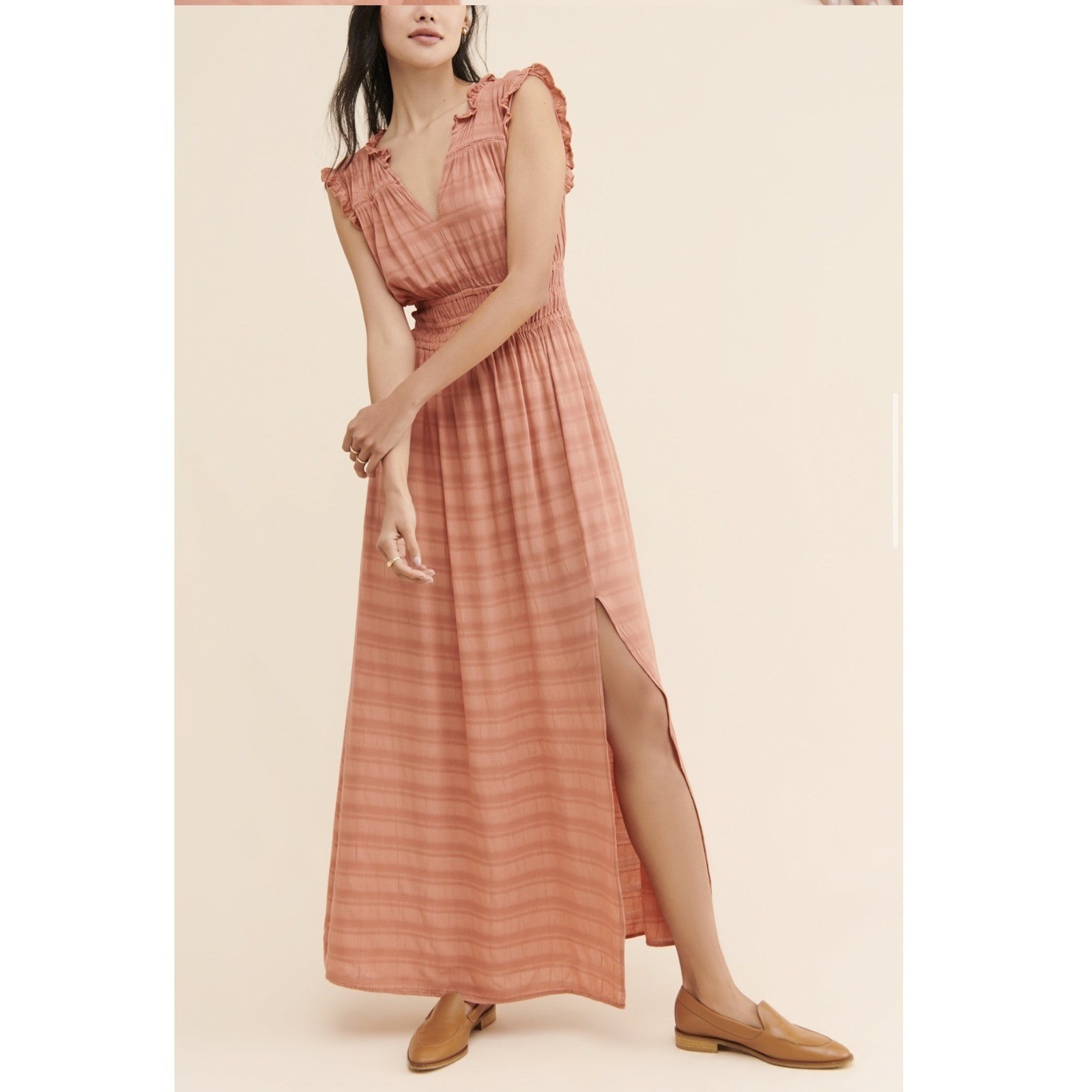 Anthropologie Philipa Maxi Dress Pink Peach Textured Sleeveless Lace Trim S NEW