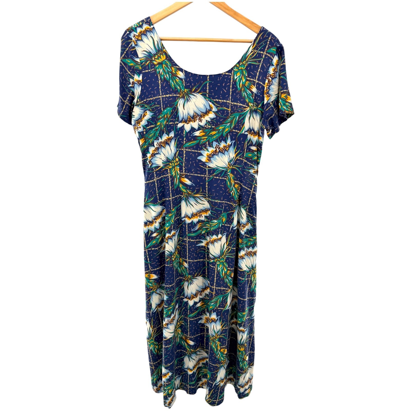 Reyn Spooner Hawaiian Traditions Floral Midi Dress Navy Blue Rayon Size S Pocket