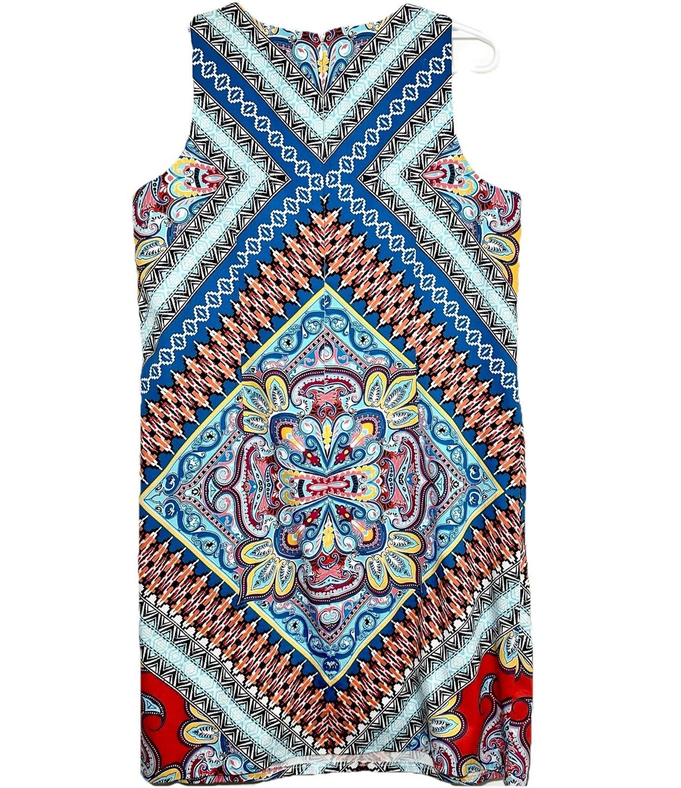 London Style Scarf Print Shift Dress Sleeveless Boho Medallion Cotton Size 10