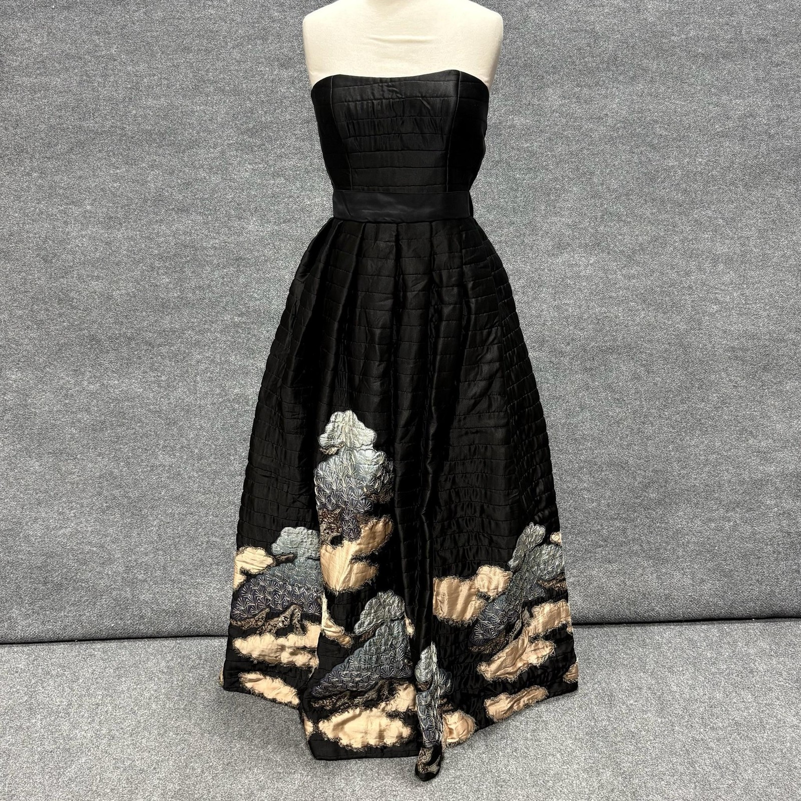 Mayda Cisneros Dress Womens 2 Black Strapless Sweetheart Floral Satin Ball Gown