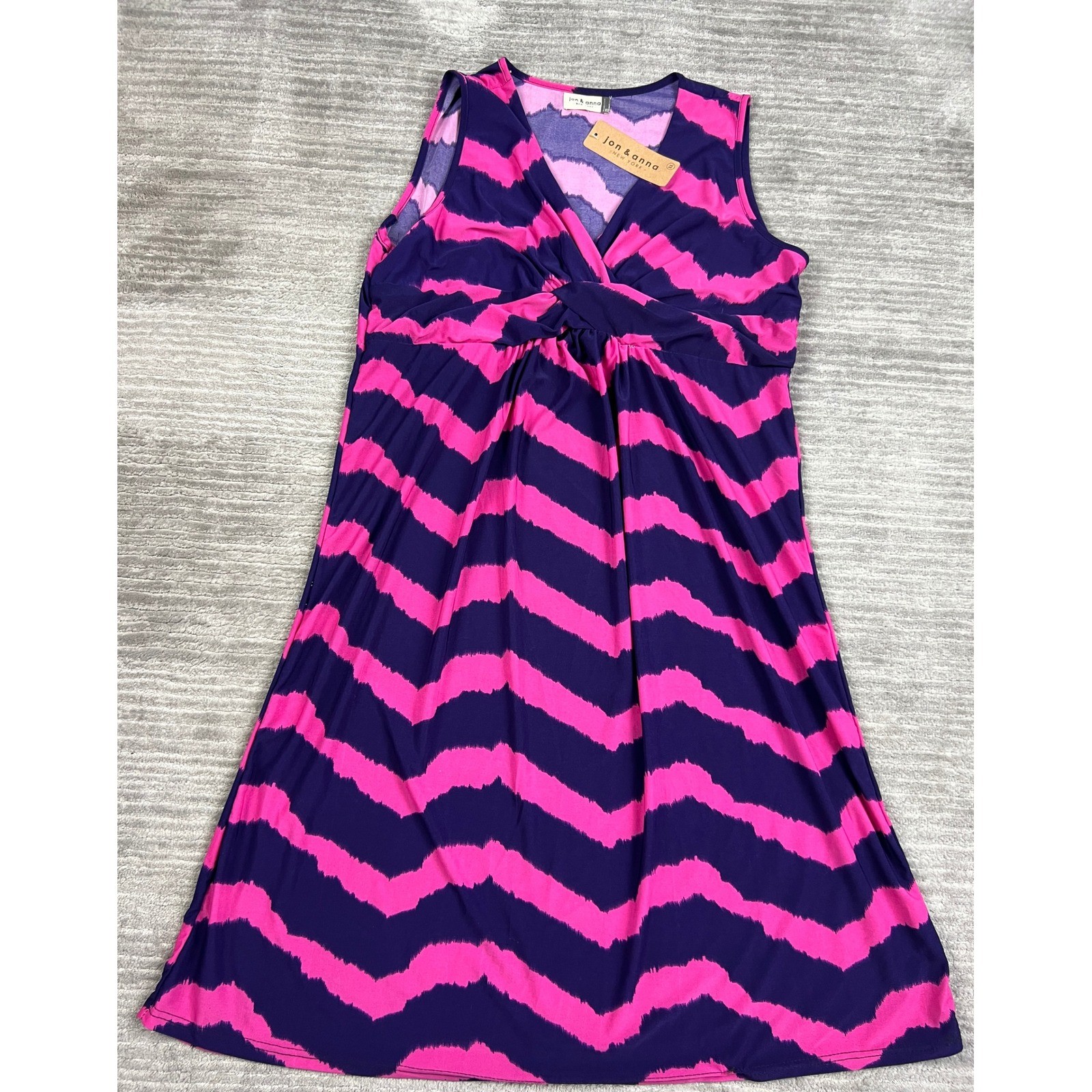 jon & anna Dress Womens XL Pink Navy Chevron V-Neck Knot Empire Waist Stretch