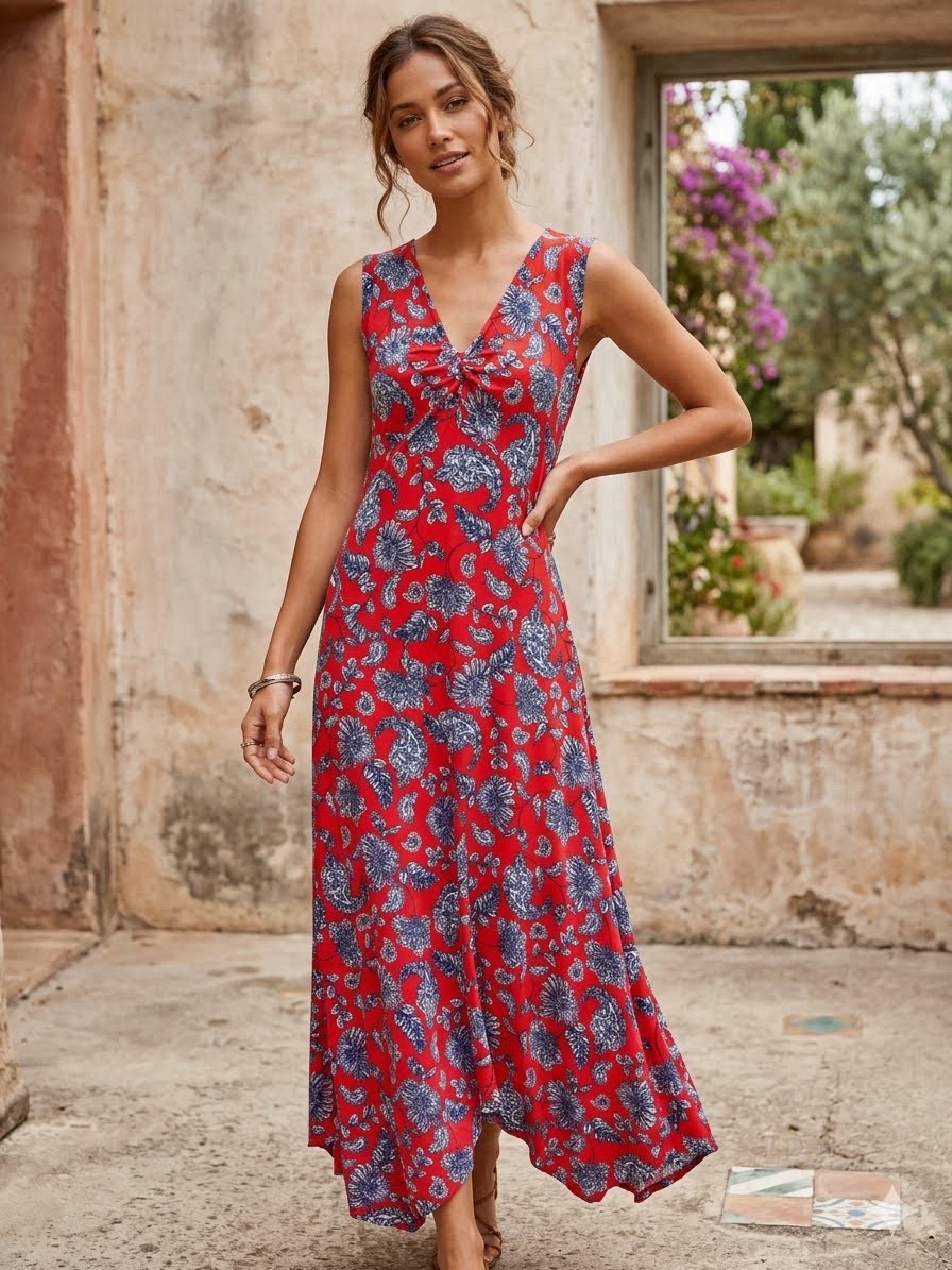 Harper 241 Boho Red Paisley Floral Tank Dress XL Cottagecore Vacay Cruise Resort
