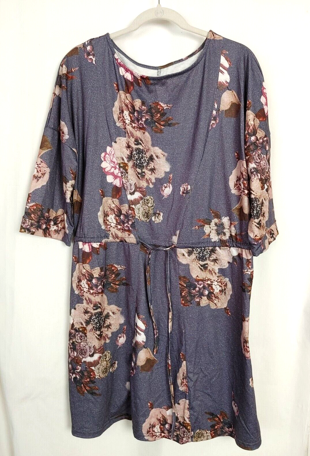 Boutique Dress Boat Neckline 3/4 Sleeve Pull String Waist Tie Purple Sz L #14017