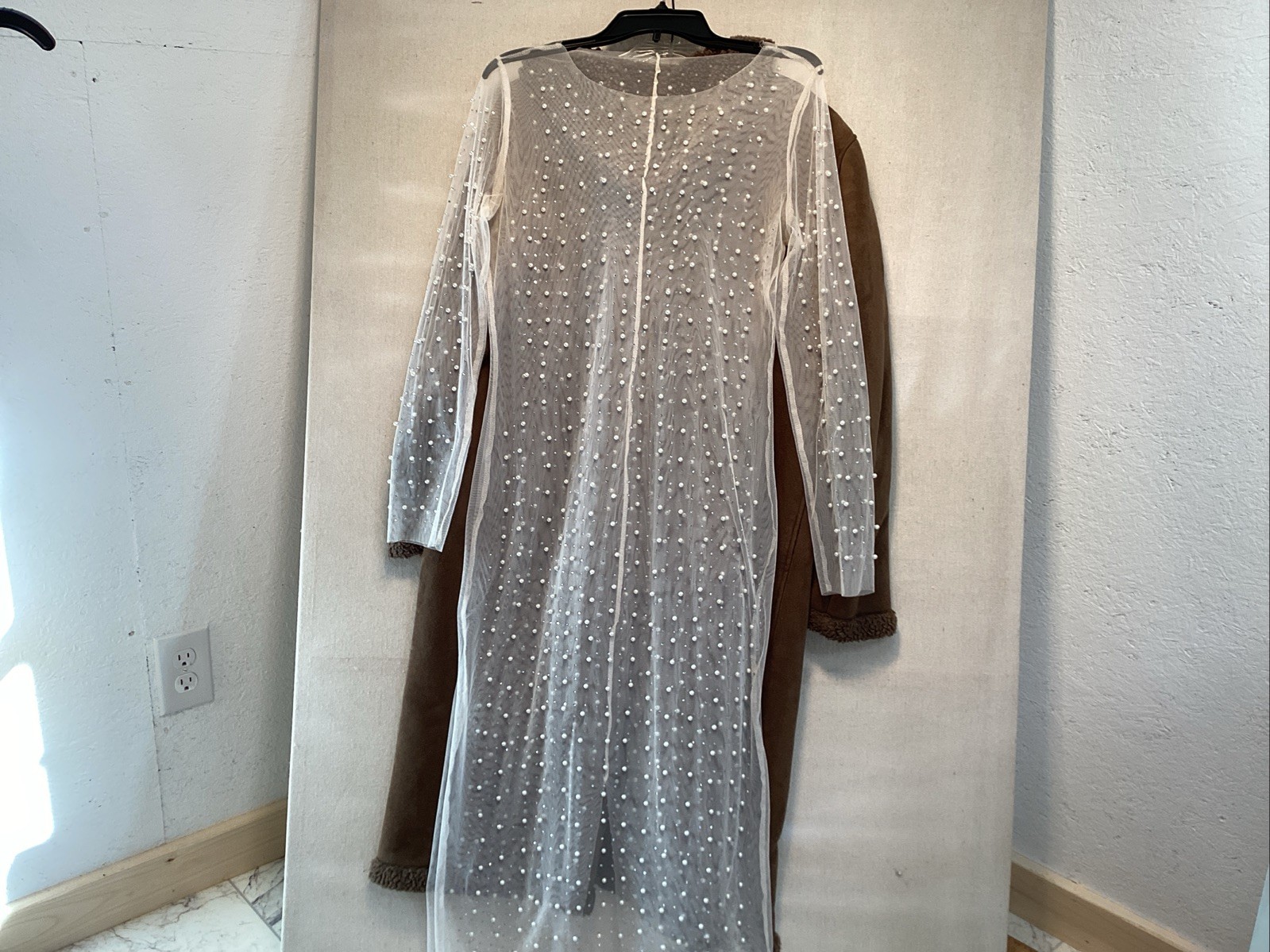 ivory sheer mesh coverup dress M pearl rhinestone long sleeve