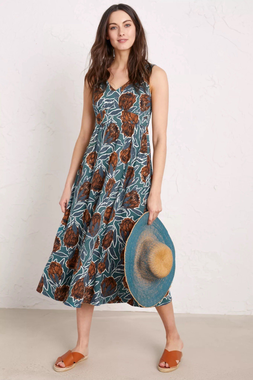 Seasalt Floral Sleeveless Maxi Dress Teal Jersey Cotton UK 16 Polmanter