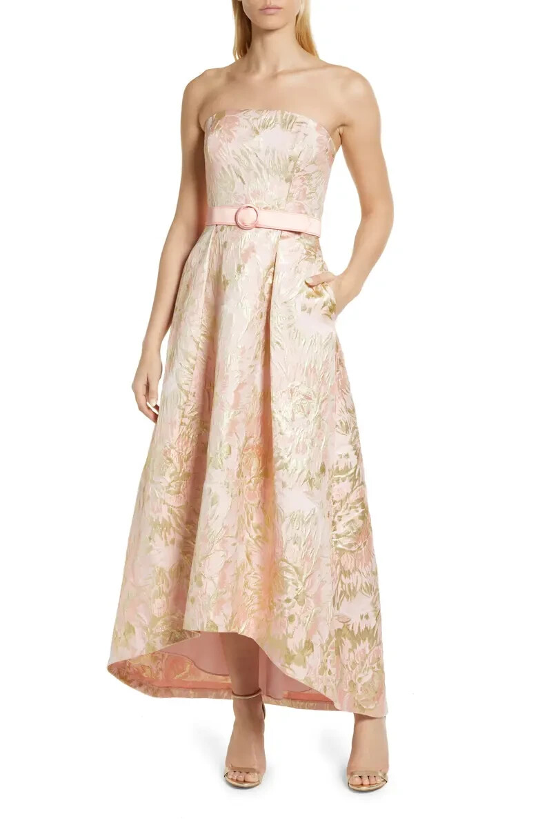 Kay Unger Blush Pink Gold Bella Floral Jacquard High-Low Gown Sz 2 $398