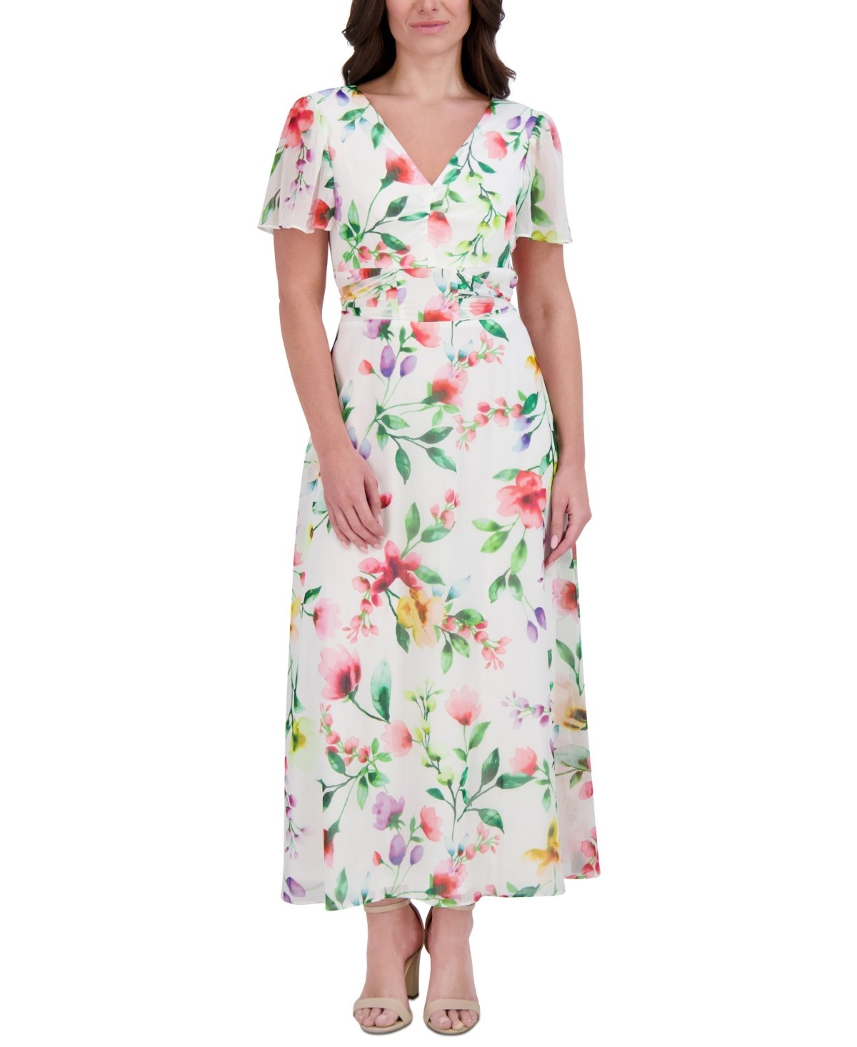 Kensie Flutter Sleeve Dress White Pink Floral Midi A-line Tie Back Size 2 NWT