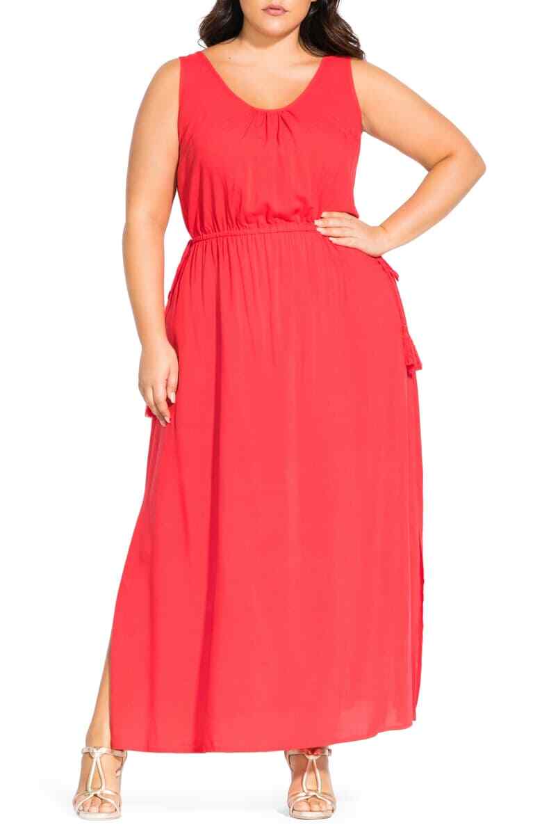 CITY CHIC Papaya Red Orange Tassel Tie Side Slit Jersey Maxi Dress L = 20W = 2X