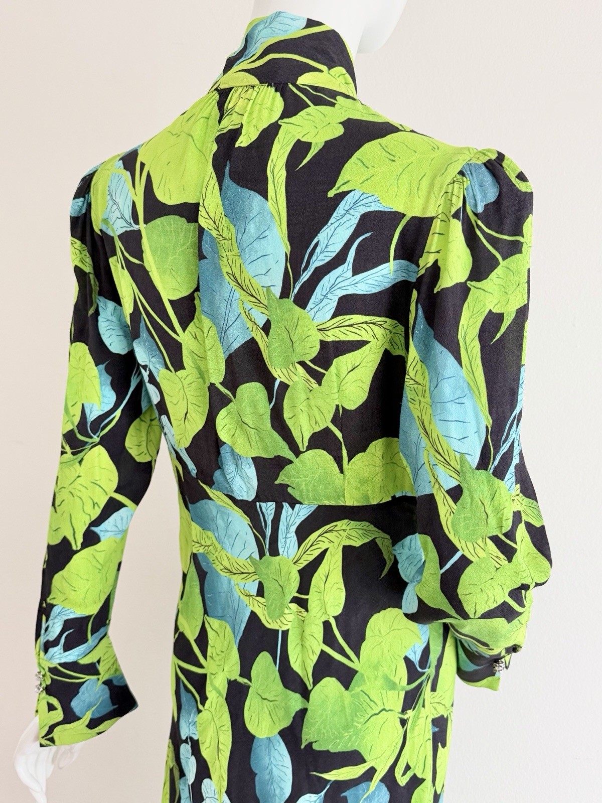 Husk Maxi Dress Green Black Leaf Rare Print Long Sleeve Pussy Bow Size AU 8 S